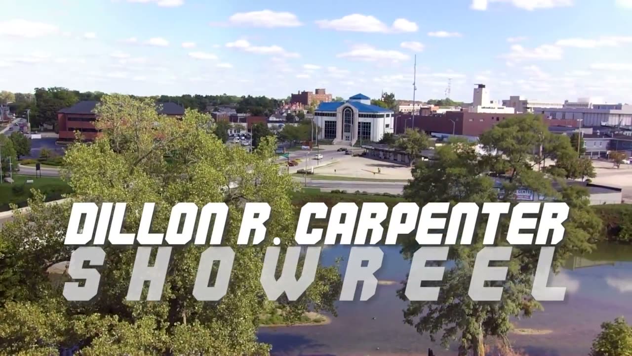Showreel title card: Dillon R. Carpenter over an aerial view of downtown Muncie