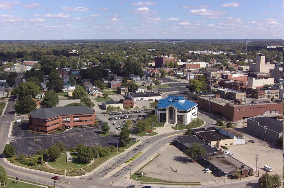 Drone aerial of downtown Muncie, Indiana on a clear day